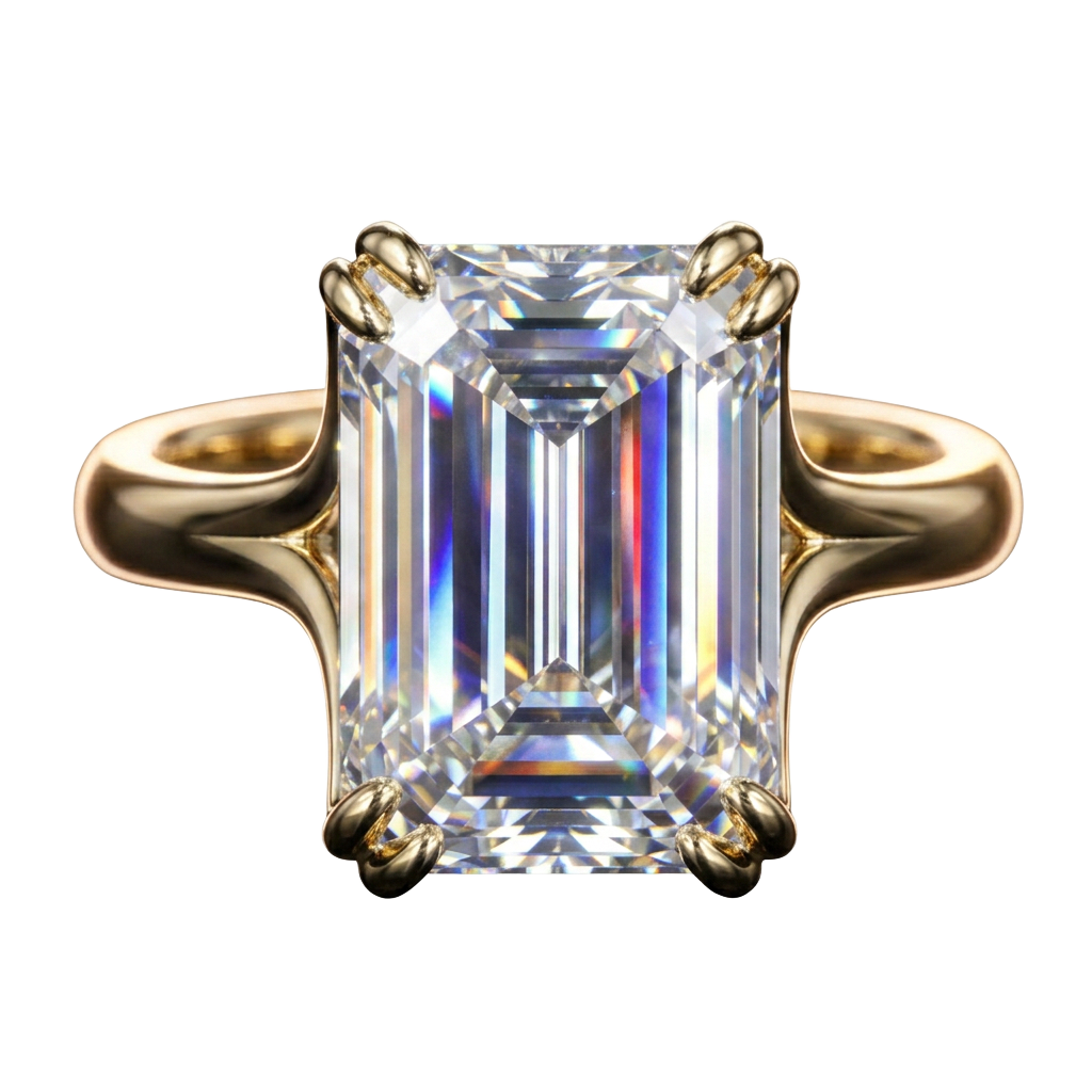 8 carat emerald cut lab diamond solitaire in 18K yellow gold, handmade by L.Trapp in Scottsdale